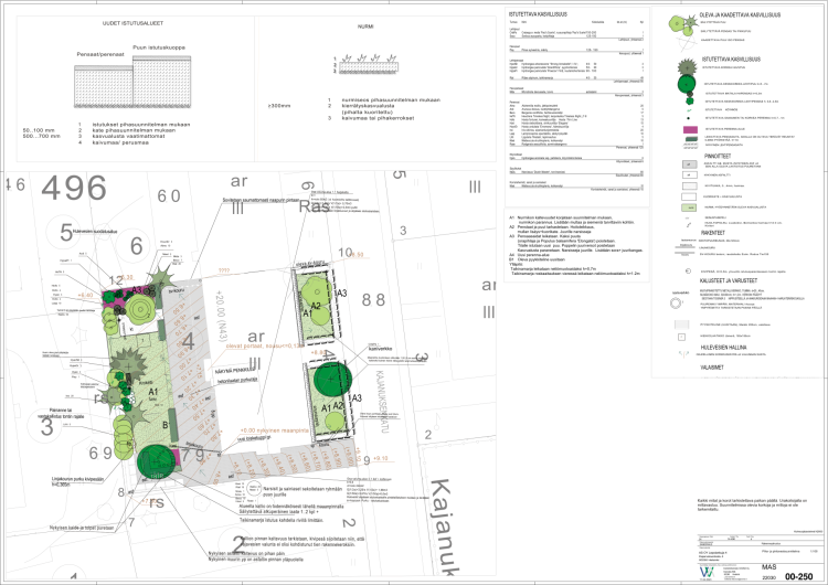 Kuvan tarkoitus on esittää pihan korjaussuunnitelman kokonaisuus: istutusalueet, kulkureitit, nurmipinnat, hulevesiratkaisut ja rakenteet. Suunnitelmapiirros visualisoi, miten piha uudistetaan toimivammaksi, turvallisemmaksi ja helppohoitoisemmaksi.